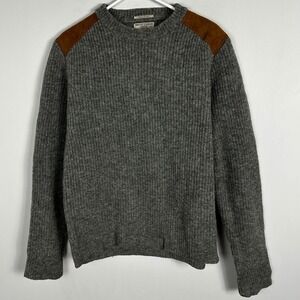 100% Shetland Wool Shoulder Patch Sweater Grey Knit Mens Sz Medium Shetland Wool